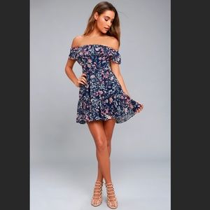 LULUS My Favorite Navy Blue Floral Print Off The Shoulder Short Dress Size Small